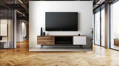 Television put on tv stand wood table, in minimal empty space livingroom room background white wall. generative ai. Wall mural