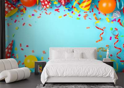 A vibrant, colorful happy birthday party scene featuring a bright blue background.  Wall mural