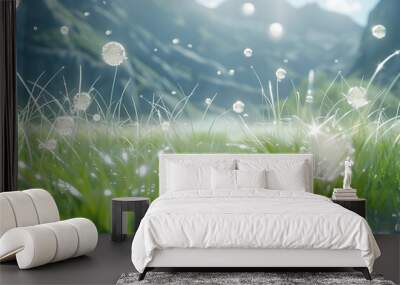 : A tranquil meadow where the grass is made of liquid silver, with floating orbs of light drifting lazily in the air. Wall mural