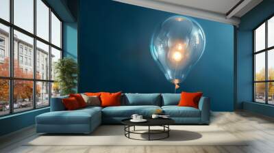 A clear balloon with a small, glowing light inside, illuminating softly against a midnight blue background. Wall mural