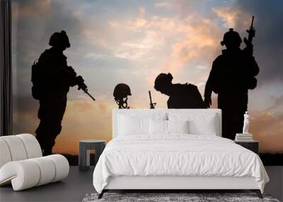 3D illustration of a military man kneeling in front of Fallen Soldier grave during sunset Wall mural