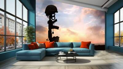 fallen soldier background concept with military helmet boots and rifle Wall mural