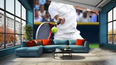 Male tennis player with forehand  racquet swing hitting ball Wall mural