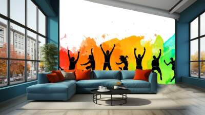 Colorful happy group people jump illustration silhouette. Cheerful man and woman isolated. Jumping fun friends background. Expressive dance dancing, jazz, funk, hip-hop holy Wall mural