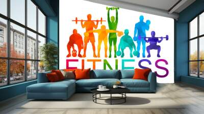 Detailed vector illustration silhouettes strong rolling people set girl and man sport fitness gym body-building workout powerlifting health training dumbbells barbell. Healthy lifestyle Wall mural