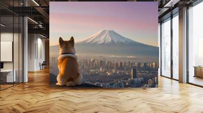 Japan brown dog Shiba back mount Fuji city landscape background wallpaper Wall mural