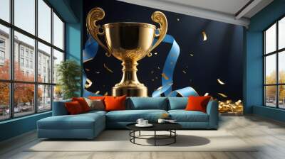 Shiny golden trophy blue ribbon scattered confetti victory honor background Wall mural