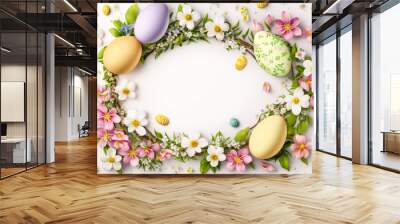 Beautiful colourful floral design with easter eggs and pink and white flowers, easter backdround image, generative AI illustration Wall mural