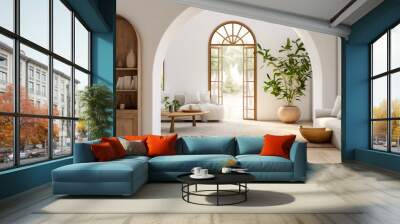 Beautiful tropical open plan living area with white walls upholstered sofa floor plant and arched display unit and patio doors modern interior room design Wall mural