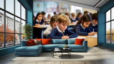 Primary school children in blue uniform in the classroom writing in their books elementary students attending a class academic concept children in a lesson little children sitting at their desks Wall mural