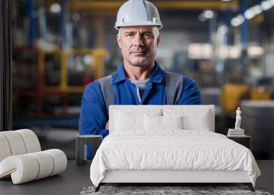 Working factory manager in blue uniform and white hard hat in his production warehouse posing for a portrait looking into the camera white male industry construction worker Wall mural