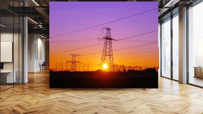 high voltage distribution power lines pylon at sunset Wall mural