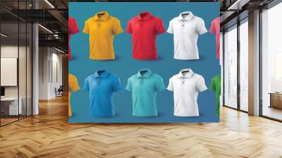 A vibrant set of colorful men's polo shirts presented in vector format, offering a range of design possibilities isolated on a blue background.  Wall mural