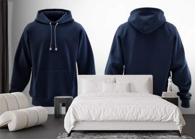 Blank navy blue hoodie mockup, front and back view, isolated on a white background. Wall mural