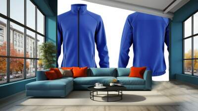 Blank royal blue softshell jacket mockup, front and back view, isolated on a white background.  Wall mural