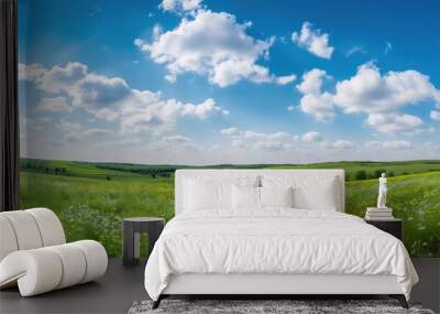 Summer sunny background with blue sky and green meadow  Wall mural