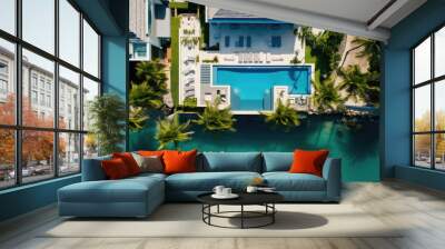 Top view of beach house with palm trees and pool Wall mural