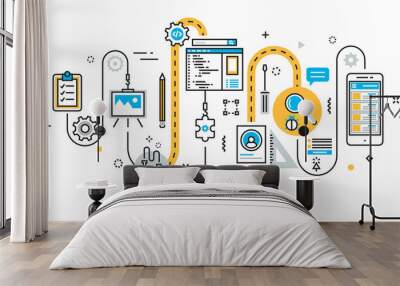 Flat line illustration concept of graph, plan, scheme, algorithm, step of mobile application development process, app design, programming, coding, building and debugging for website banner Wall mural