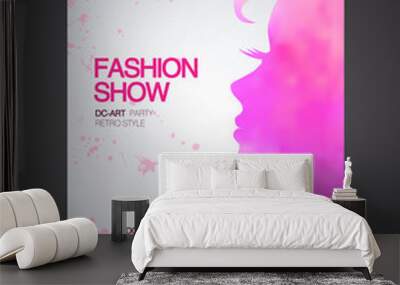 Vector stylish banner, poster and flyer for fashion show with pink silhouette of beautiful woman part of profile Wall mural