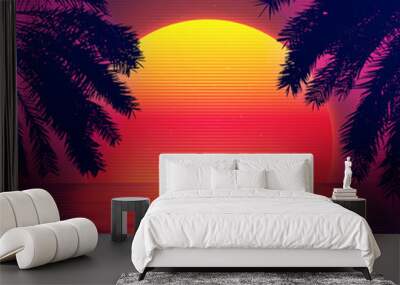 3d sunset on the beach. Retro palms vector sci fi background with ocean. Sun reflection in water. Futuristic landscape 1980s style. Digital landscape cyber surface. 80s party background. Wall mural