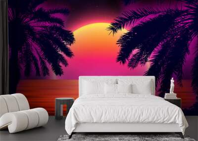 3d sunset on the beach. Retro palms vector sci fi background with ocean. Sun reflection in water. Futuristic landscape 1980s style. Digital landscape cyber surface. 80s party background. Wall mural