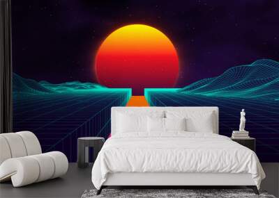 80s background retro landscape. Futuristic neon 1980s style. Cyber surface. Party background. Retro 80s fashion Sci-Fi Summer Landscape Background. Wall mural