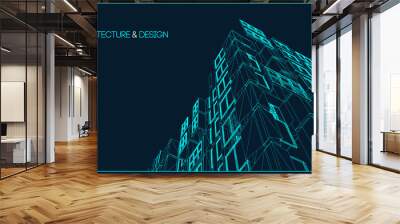 Architecture line background. Building construction sketch vector abstract. Modern city 3d project. Technology geometric grid. Wire blueprint house. Digital architect innovation wireframe. Wall mural