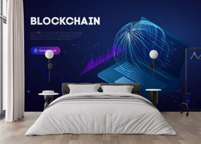 Blockchain technology background. Abstract finance internet technology and cryptocurrency exchange. Abstract sport background. Big data and data protection. Purple flow 3d vector illustration. Wall mural