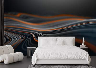 Dark technology background with wavy orange and white lines. Wavy black texture color design illustration. Digital motion modern orange wallpaper template with curve abstract wave. Web geometric Wall mural