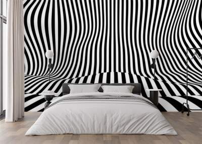 Optical illusion op art wavy background with black and white stripes texture. Wall mural