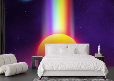 Retro landscape background sunset 3d landscape with rainbow light. Futuristic landscape 1980s style. Digital retro landscape cyber surface. 80s party background . Retro fashion Sci-Fi Background Wall mural