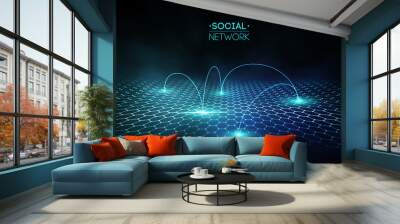 Social media blue abstract technology background. Global social network vector abstract. Network cyber technology concept. Wall mural