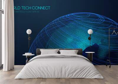 World map blue vector, cyberspace, and visual energy. Computer world connectivity structure analysis. Internet network and science, technology background vector. Wall mural