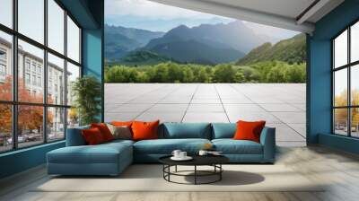 empty concrete floor with nature mountain background Wall mural