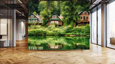 A captivating image of exclusive cottages nestled along a tranquil river, offering a serene escape from everyday life Wall mural