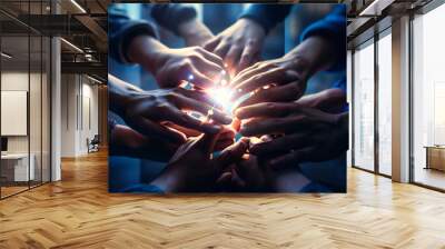 A close-up view of young business professionals stacking their hands together, symbolizing teamwork and collective effort Wall mural