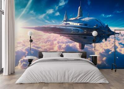 A futuristic spaceship over clouds in the city, in the style of train core, seamlessly integrating technology and nature Wall mural