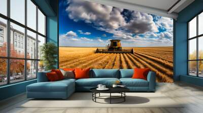 A wide-angle shot contrasting harvested and unharvested wheat fields, with a focus on textures and machinery. Wall mural