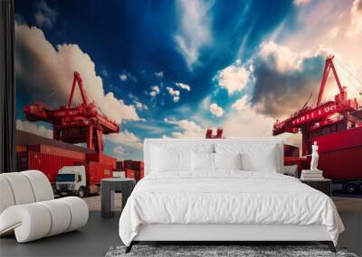 An extraordinary hyper-realistic image of a bustling port, blending artistry and industrial activity. Wall mural