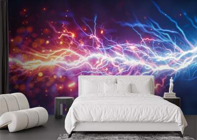 Electricity and energy concept, powerful lightning bolt flash, abstract background with blue thunderstorm, science and nature phenomenon Wall mural