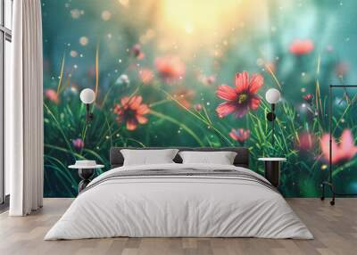 Idyllic summer meadow blooming with colorful flowers under a bright sky, capturing the essence of natures beauty and the joy of sunny days Wall mural