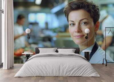 A confident young female chef stands in a modern kitchen, showcasing her passion for culinary arts. Her warm smile and professional attire reflect a vibrant atmosphere. Wall mural