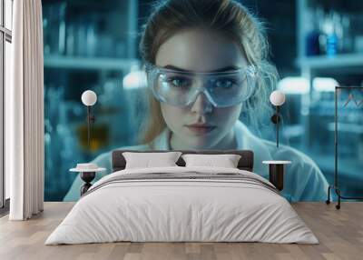 A focused young female scientist wearing safety goggles and gloves in a laboratory. She embodies research and innovation, surrounded by lab equipment. Wall mural