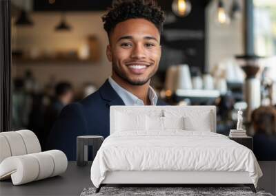 A young African American man smiles confidently in a modern caf? setting. His professional attire complements the welcoming atmosphere, embodying youth and charisma. Wall mural