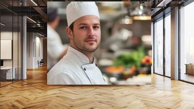 A young European male chef stands confidently in a professional kitchen, showcasing his culinary skills. The vibrant kitchen backdrop highlights a dedication to food preparation and creativity. Wall mural