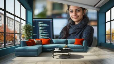 A young female software engineer stands confidently in her modern workplace, surrounded by computer screens displaying code. She exudes professionalism and ambition. Wall mural