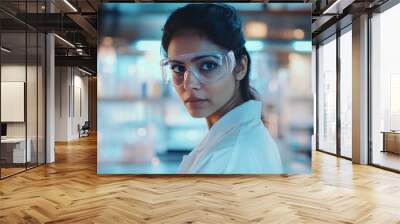 A young South Asian female scientist wearing goggles stands confidently in a laboratory, showcasing her dedication to research and innovation in science. Wall mural