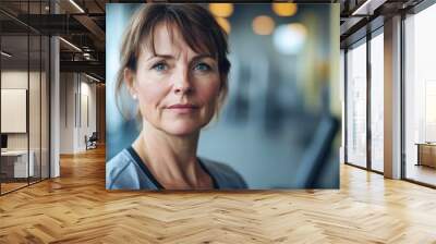 Portrait of a fit middle-aged European woman showcasing confidence and determination in a gym environment, emphasizing health and an active lifestyle. Wall mural