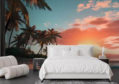 A beautiful sunset view on the sea shore with coconut trees    Wall mural