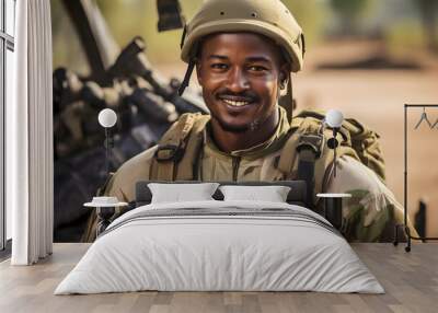 a happy soldier wearing uniform and cap with jacket and  and holding weapon in the hand standing beside the jeep looking in the camera Wall mural